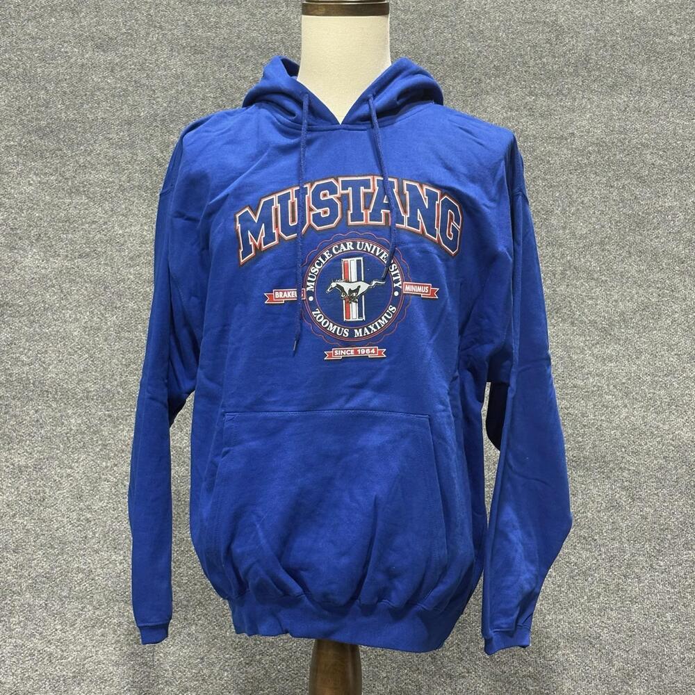 Ford Mustang Hoodie Mens XL Blue Pullover Fleece Sweatshirt Graphic Logo Car